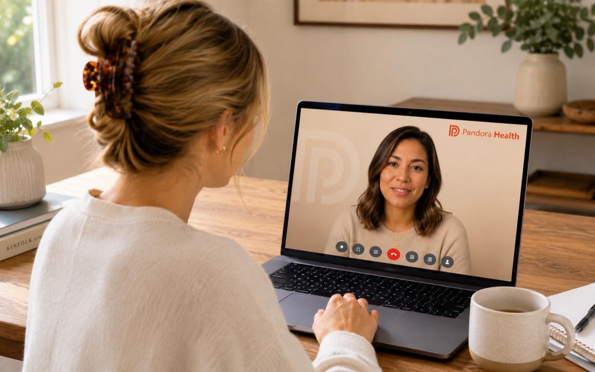 A woman on a 1:1 video session with her Pandora Health Care Navigator